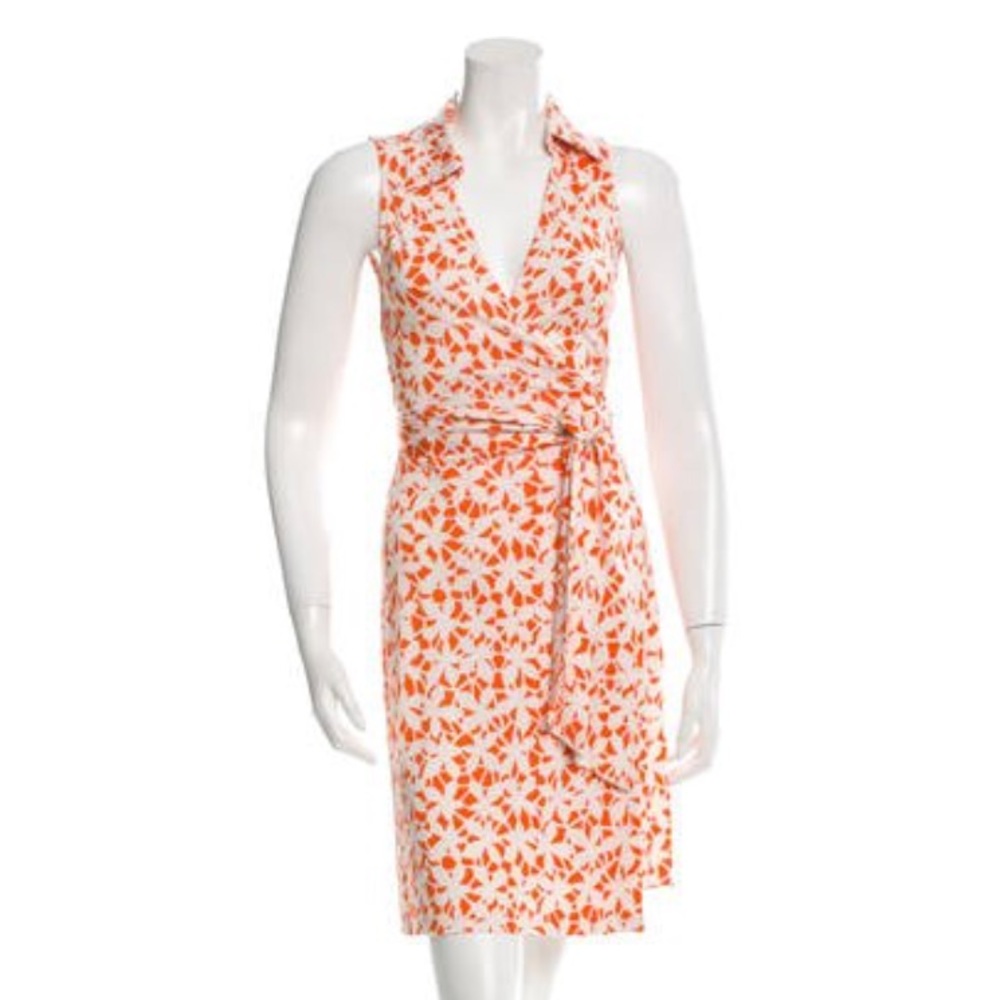 Orange white Diane von Furstenberg silk wrap dress
